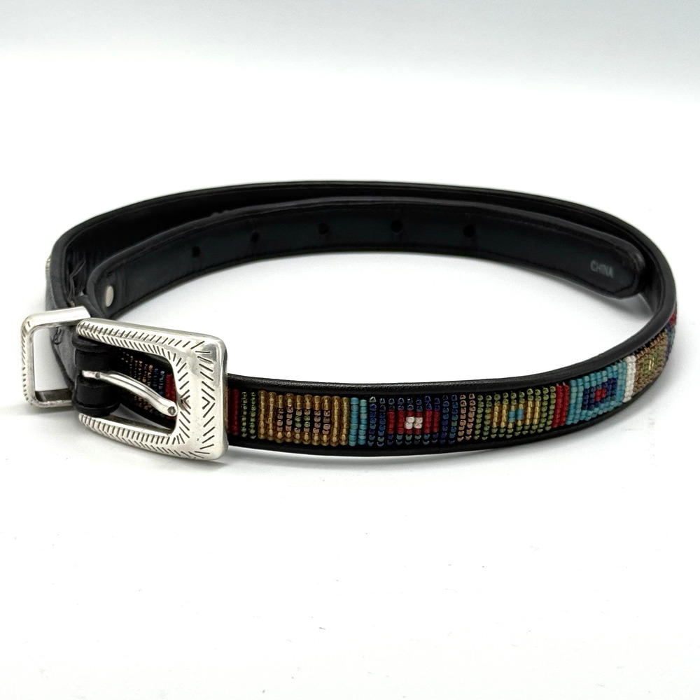 VTG Brighton BEADED Boho Belt Black Leather Seed SIZE MEDIUM Boho Western SW